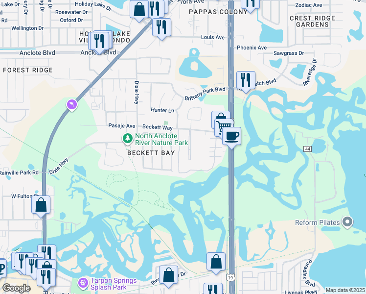 map of restaurants, bars, coffee shops, grocery stores, and more near 1575 Bridgewater Drive in Tarpon Springs