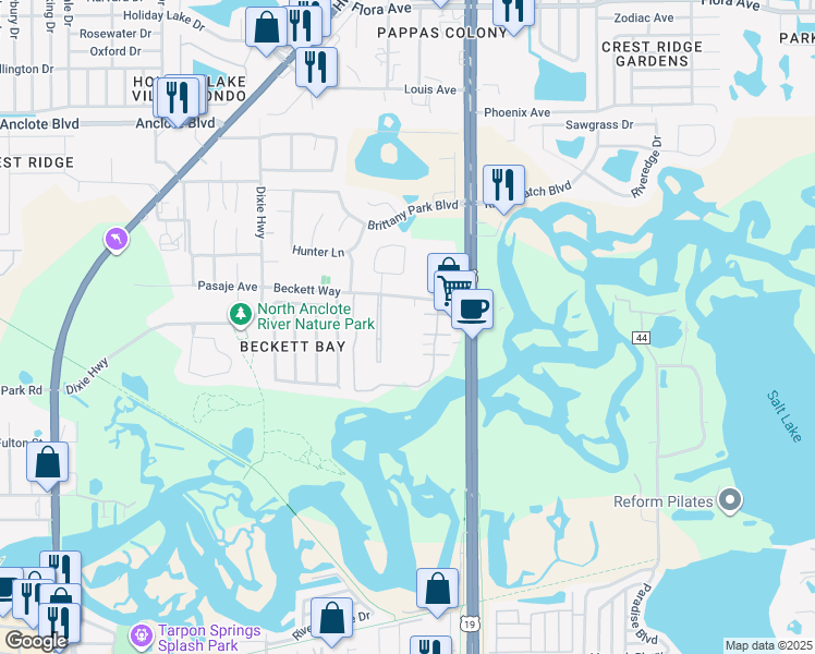 map of restaurants, bars, coffee shops, grocery stores, and more near 900 Beckett Way in Tarpon Springs