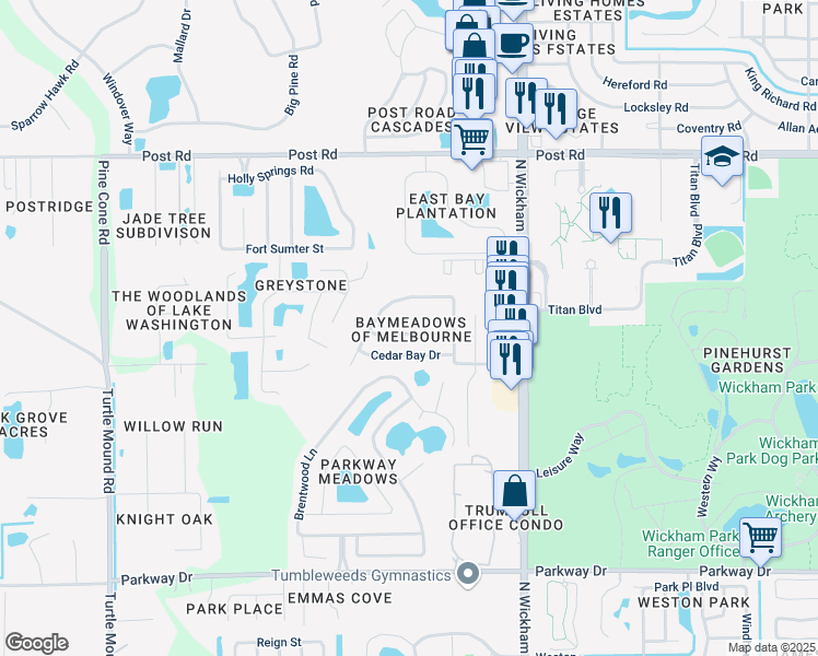 map of restaurants, bars, coffee shops, grocery stores, and more near 3192 Cauthen Creek Drive in Melbourne