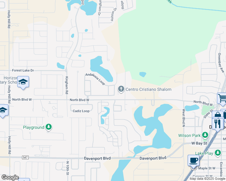 map of restaurants, bars, coffee shops, grocery stores, and more near 143 Andalusia Loop in Davenport