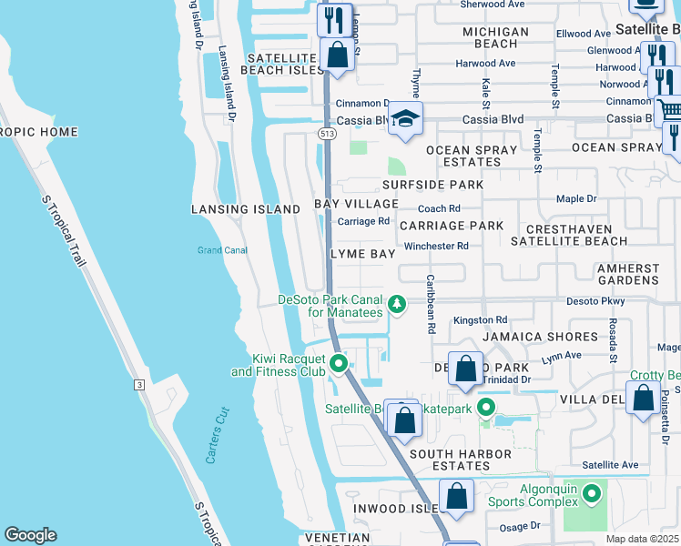 map of restaurants, bars, coffee shops, grocery stores, and more near 533 Summerset Court in Satellite Beach