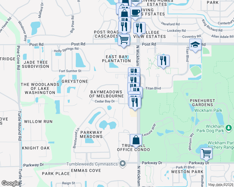 map of restaurants, bars, coffee shops, grocery stores, and more near 3744 Grand Meadows Boulevard in Melbourne