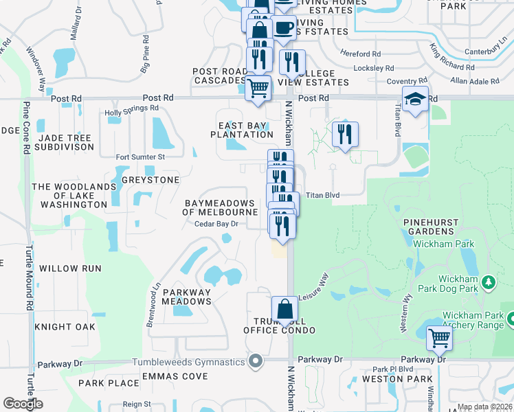 map of restaurants, bars, coffee shops, grocery stores, and more near 3692 Kestrel Court in Melbourne