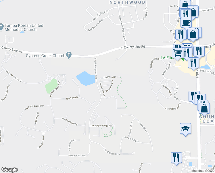 map of restaurants, bars, coffee shops, grocery stores, and more near 8523 Gablebend Way in Tampa