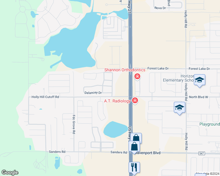 map of restaurants, bars, coffee shops, grocery stores, and more near 117 Delancey Drive in Davenport