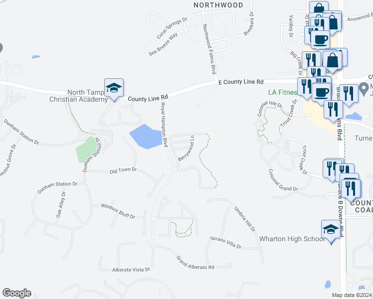 map of restaurants, bars, coffee shops, grocery stores, and more near 20429 Berrywood Lane in Tampa