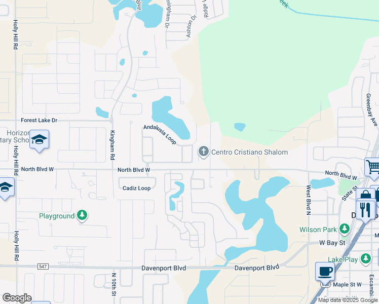 map of restaurants, bars, coffee shops, grocery stores, and more near 133 Andalusia Loop in Davenport