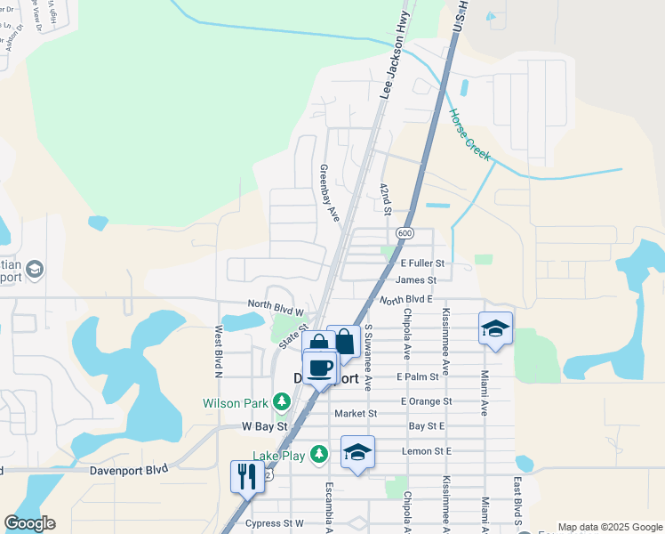 map of restaurants, bars, coffee shops, grocery stores, and more near County Road 547 in Davenport
