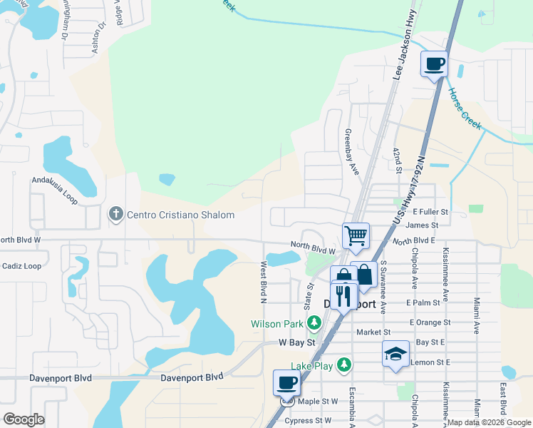 map of restaurants, bars, coffee shops, grocery stores, and more near 212 Whispering Pines Way in Davenport