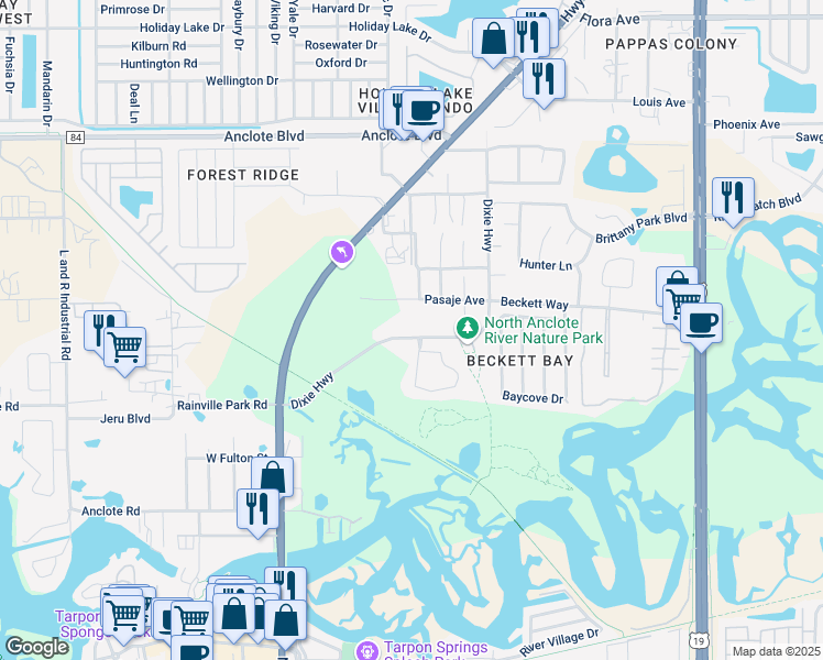 map of restaurants, bars, coffee shops, grocery stores, and more near 439 Dixie Highway in Tarpon Springs