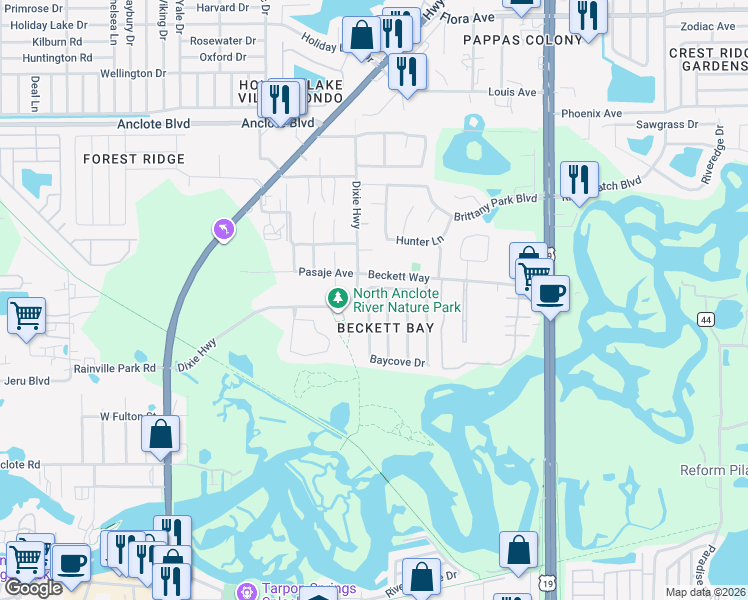 map of restaurants, bars, coffee shops, grocery stores, and more near 1546 River Oaks Drive in Tarpon Springs