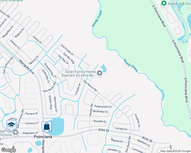 map of restaurants, bars, coffee shops, grocery stores, and more near 737 Swan Way in Kissimmee
