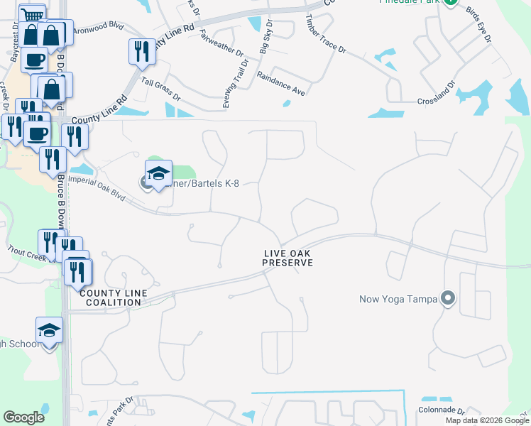 map of restaurants, bars, coffee shops, grocery stores, and more near 20613 Whitewood Way in Tampa