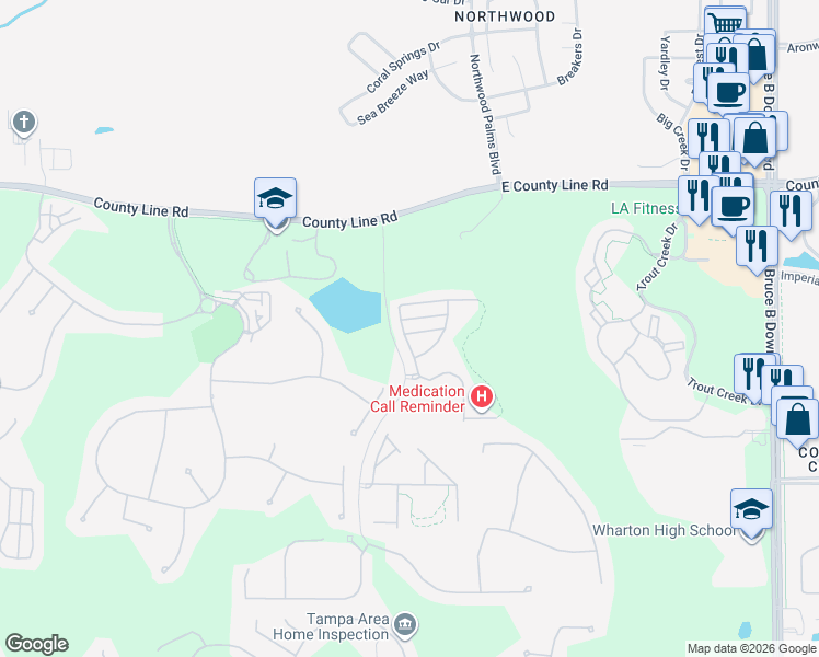 map of restaurants, bars, coffee shops, grocery stores, and more near 8503 Trail Wind Drive in Tampa