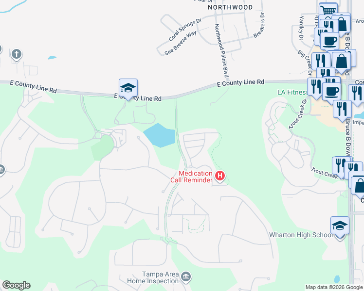 map of restaurants, bars, coffee shops, grocery stores, and more near 8503 Trail Wind Drive in Tampa