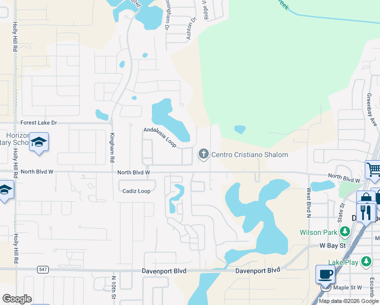 map of restaurants, bars, coffee shops, grocery stores, and more near 123 Andalusia Loop in Davenport