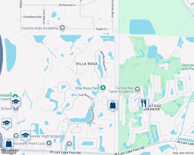 map of restaurants, bars, coffee shops, grocery stores, and more near 19611 Morden Blush Drive in Lutz