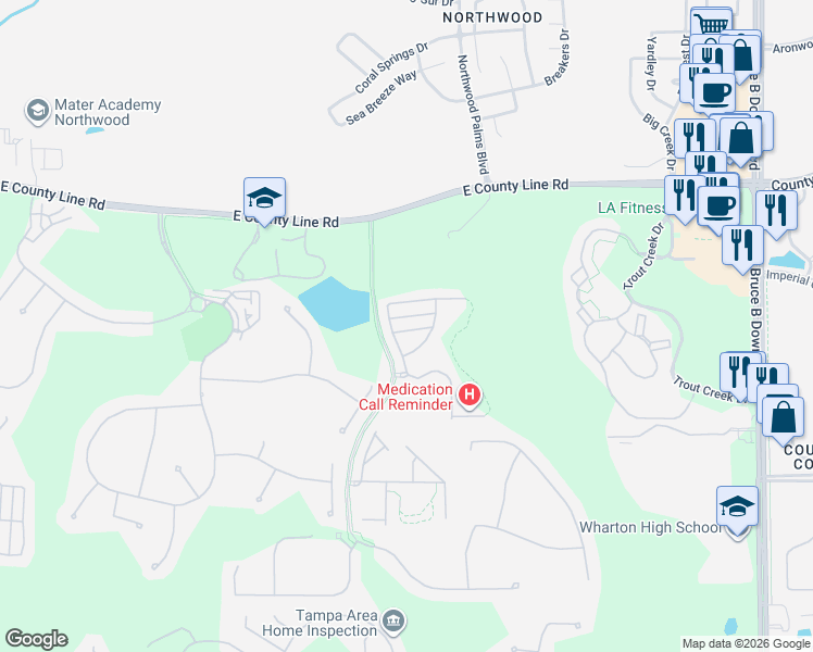 map of restaurants, bars, coffee shops, grocery stores, and more near 8503 Trail Wind Drive in Tampa