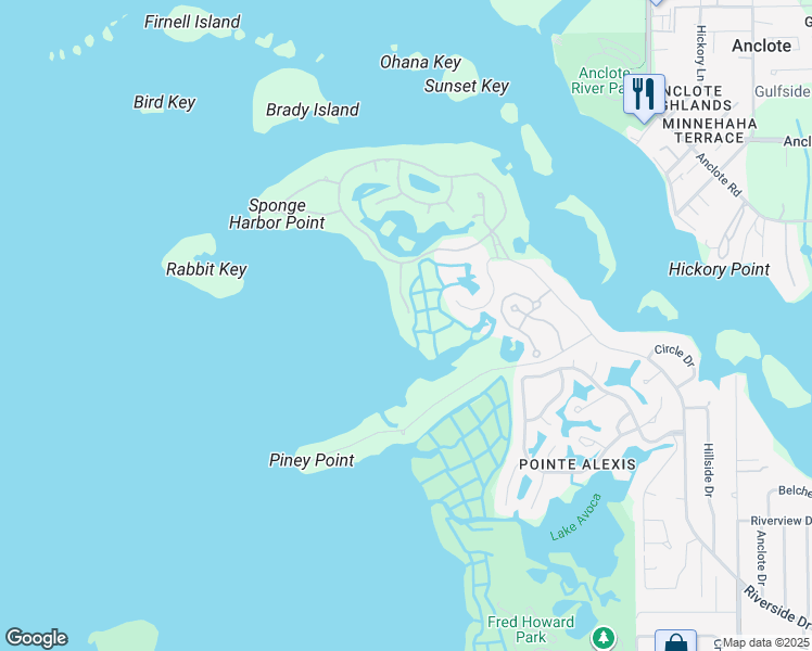 map of restaurants, bars, coffee shops, grocery stores, and more near 2115 Alexis Court in Tarpon Springs