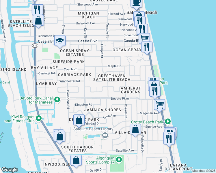 map of restaurants, bars, coffee shops, grocery stores, and more near Carissa Drive in Satellite Beach