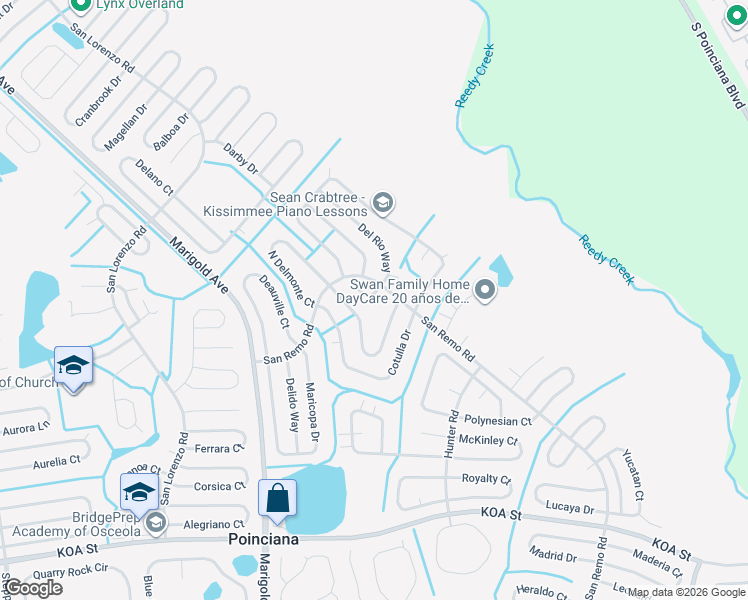 map of restaurants, bars, coffee shops, grocery stores, and more near 614 Del Aire Court in Kissimmee