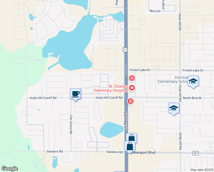 map of restaurants, bars, coffee shops, grocery stores, and more near 346 Lake Charles Drive in Davenport