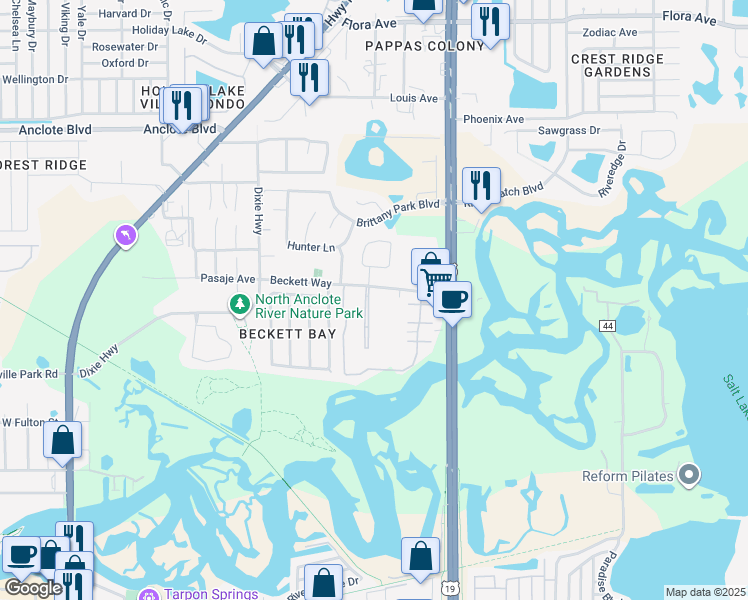 map of restaurants, bars, coffee shops, grocery stores, and more near 824 Beckett Way in Tarpon Springs
