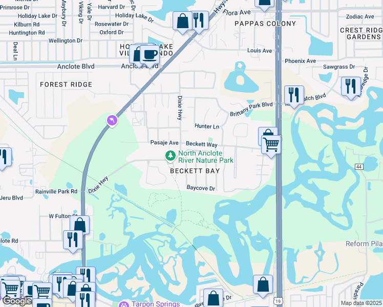 map of restaurants, bars, coffee shops, grocery stores, and more near 655 Bayside Drive in Tarpon Springs