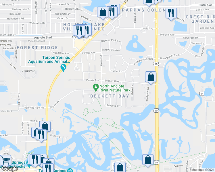 map of restaurants, bars, coffee shops, grocery stores, and more near 655 Bayside Drive in Tarpon Springs