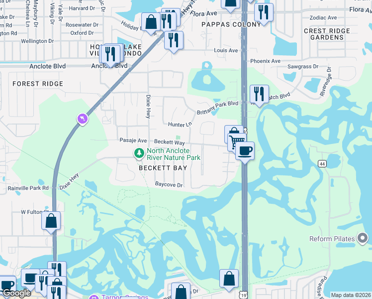 map of restaurants, bars, coffee shops, grocery stores, and more near 735 Bayside Drive in Tarpon Springs