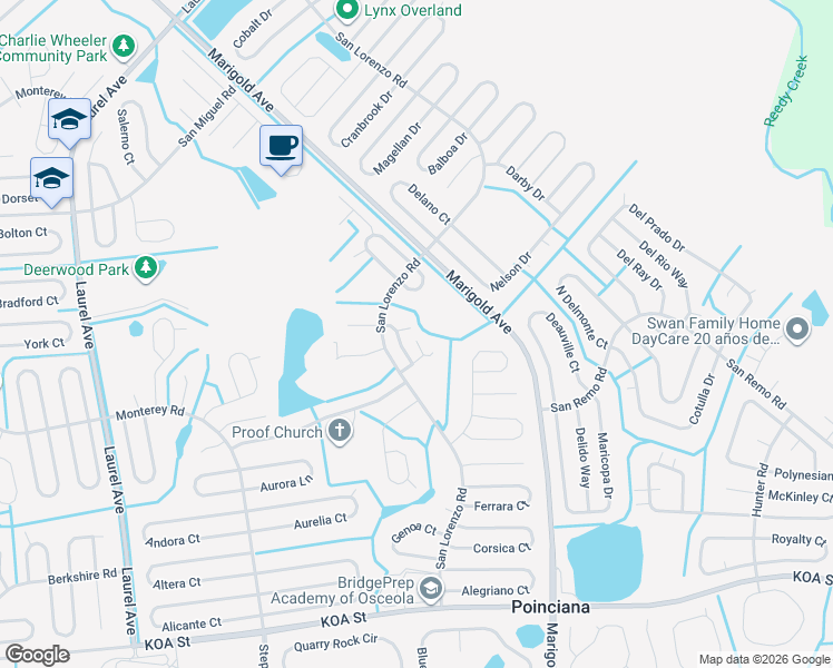 map of restaurants, bars, coffee shops, grocery stores, and more near 207 Taranto Way in Kissimmee