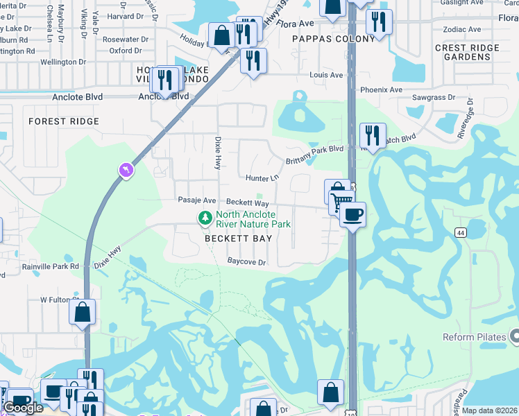 map of restaurants, bars, coffee shops, grocery stores, and more near 735 Bayside Drive in Tarpon Springs