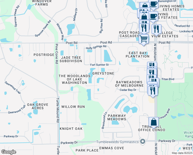 map of restaurants, bars, coffee shops, grocery stores, and more near 3651 Bluefield Avenue in Melbourne