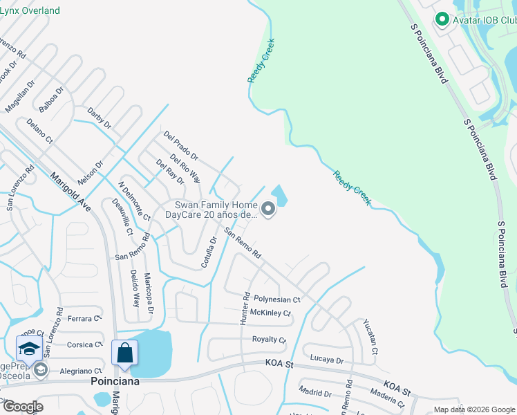map of restaurants, bars, coffee shops, grocery stores, and more near 737 Swan Way in Kissimmee