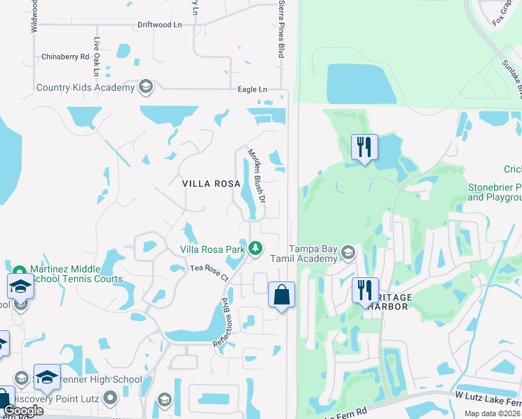 map of restaurants, bars, coffee shops, grocery stores, and more near 19521 Morden Blush Drive in Lutz