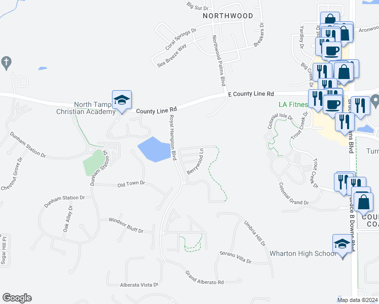 map of restaurants, bars, coffee shops, grocery stores, and more near 8503 Trail Wind Drive in Tampa