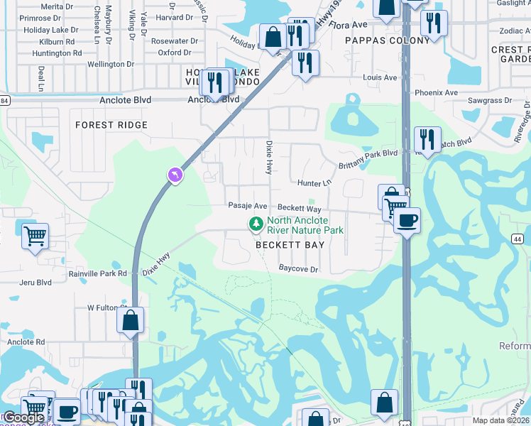 map of restaurants, bars, coffee shops, grocery stores, and more near 590 Pasaje Avenue in Tarpon Springs