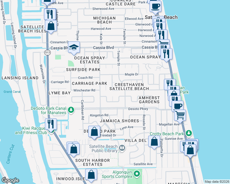 map of restaurants, bars, coffee shops, grocery stores, and more near 341 Cherry Drive in Satellite Beach
