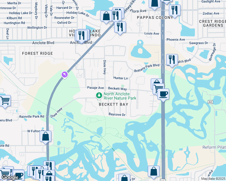 map of restaurants, bars, coffee shops, grocery stores, and more near 655 Bayside Drive in Tarpon Springs