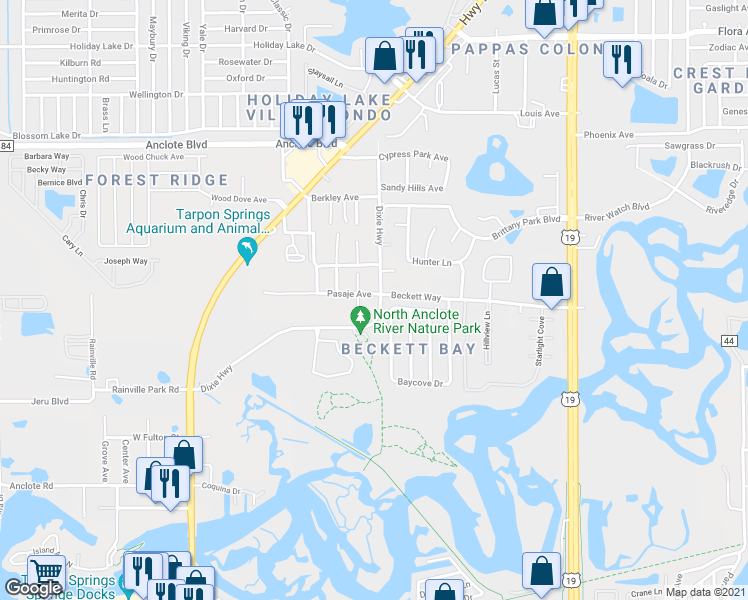 map of restaurants, bars, coffee shops, grocery stores, and more near 590 Pasaje Avenue in Tarpon Springs