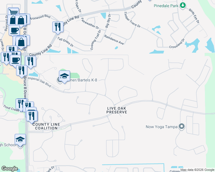 map of restaurants, bars, coffee shops, grocery stores, and more near 20613 Whitewood Way in Tampa