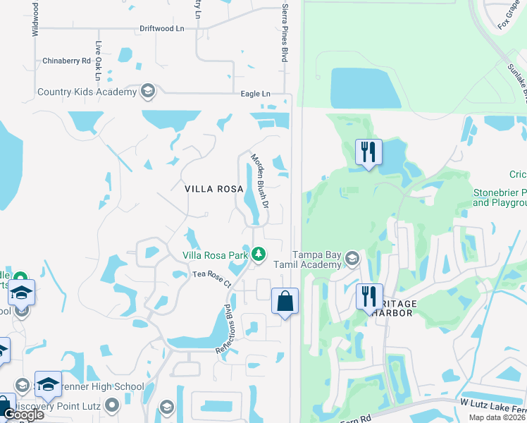 map of restaurants, bars, coffee shops, grocery stores, and more near 19519 Morden Blush Drive in Lutz