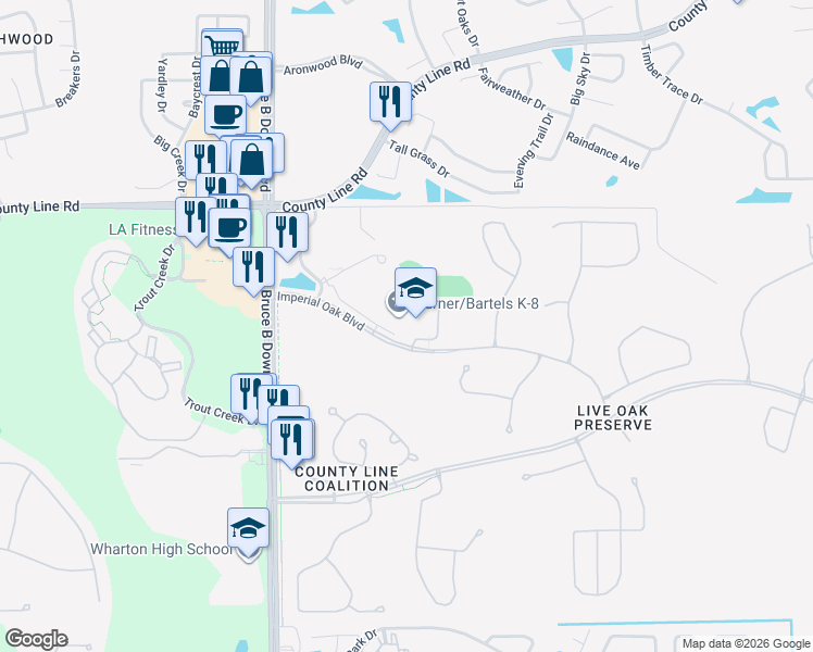 map of restaurants, bars, coffee shops, grocery stores, and more near 9190 Imperial Oak Boulevard in Tampa