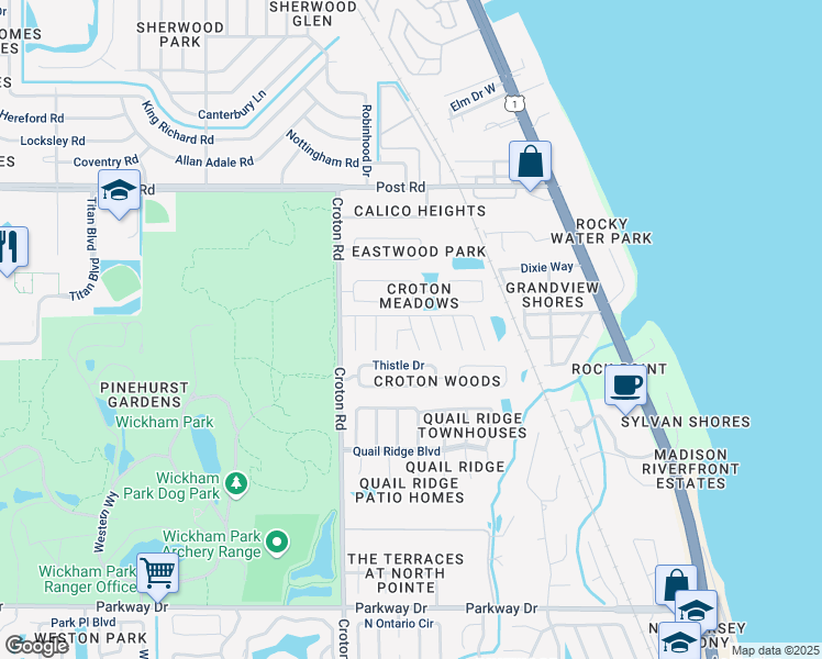 map of restaurants, bars, coffee shops, grocery stores, and more near 3698 Driftwood Drive in Melbourne