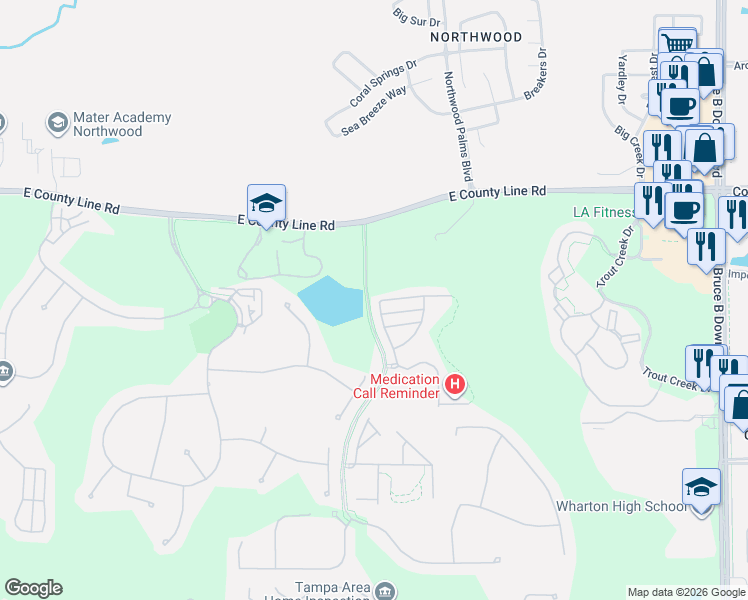 map of restaurants, bars, coffee shops, grocery stores, and more near 8503 Trail Wind Drive in Tampa