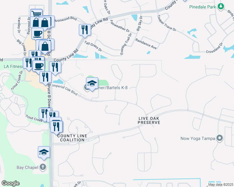 map of restaurants, bars, coffee shops, grocery stores, and more near 20611 Great Laurel Avenue in Tampa
