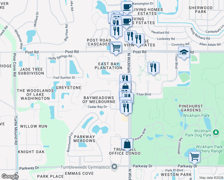 map of restaurants, bars, coffee shops, grocery stores, and more near 3905 Grand Meadows Boulevard in Melbourne