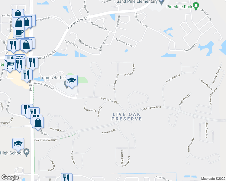 map of restaurants, bars, coffee shops, grocery stores, and more near 20620 Whitewood Way in Tampa
