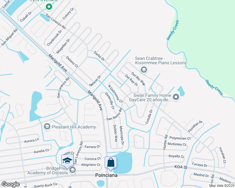 map of restaurants, bars, coffee shops, grocery stores, and more near 615 North Delmonte Court in Poinciana
