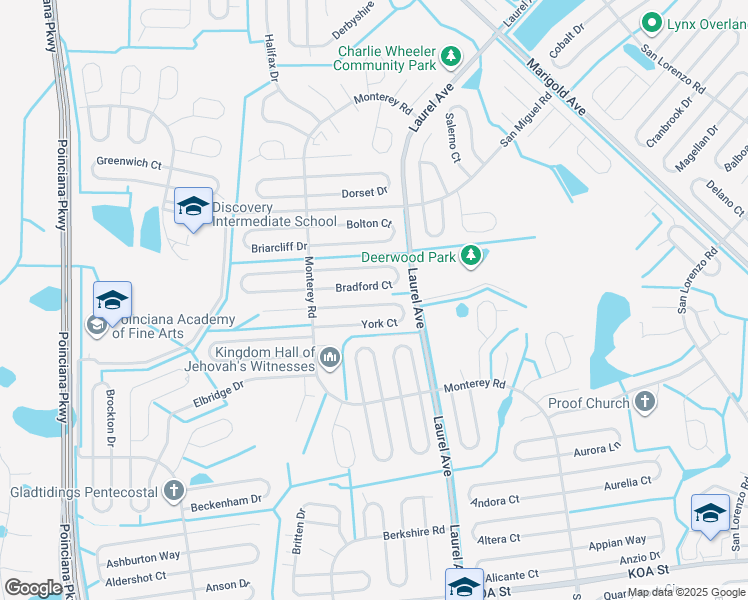 map of restaurants, bars, coffee shops, grocery stores, and more near 23 York Court in Kissimmee